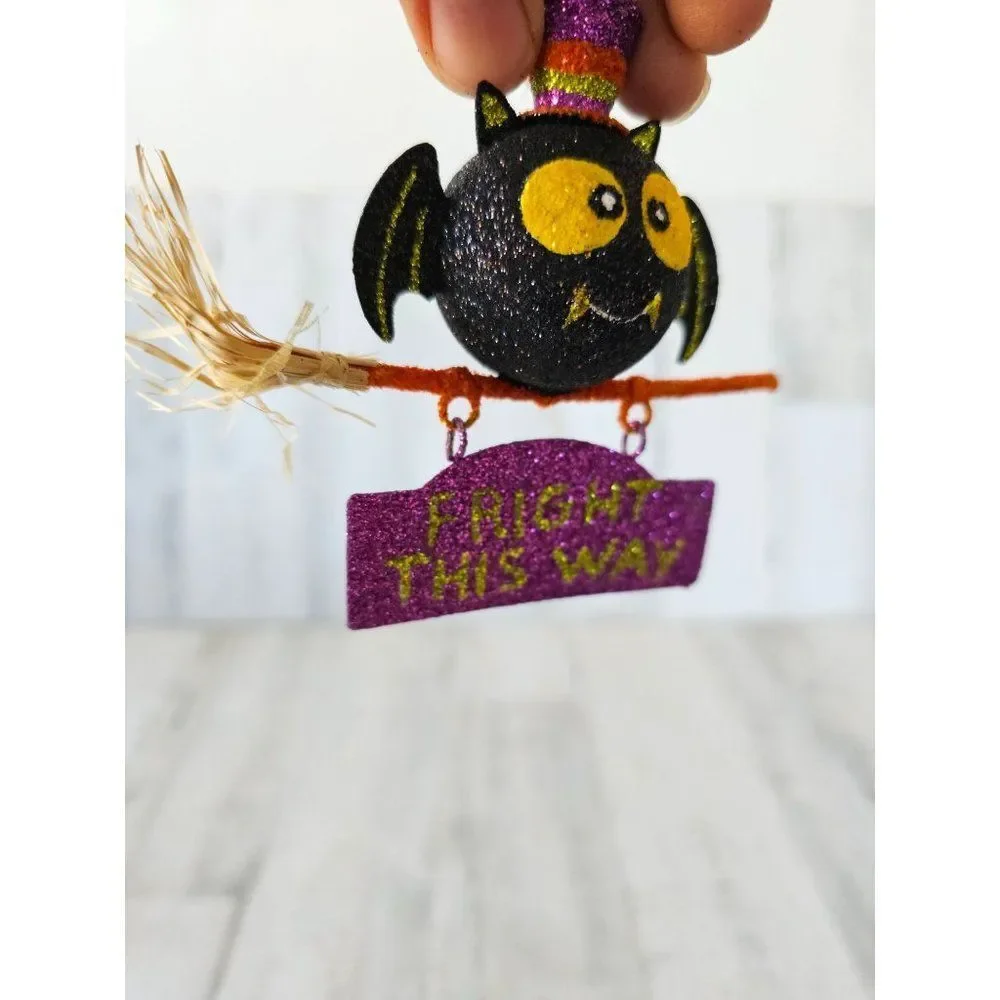 Pier 1‎ glitter owl ornament Halloween fright broom rare vintage décor